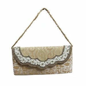 NEW Sajni Gold Brocade Beaded Pearl Scalloped Clutch Evening Bag Wedding Formal